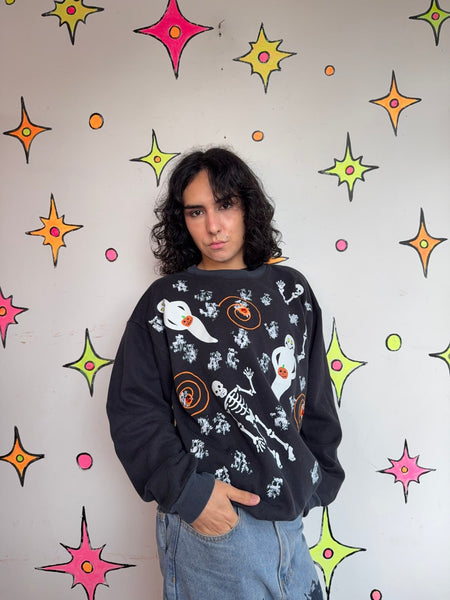 Vintage 80s Halloween Art Ugly Sweater Puffy Paint Sweatshirt Spooky Retro L/XL
