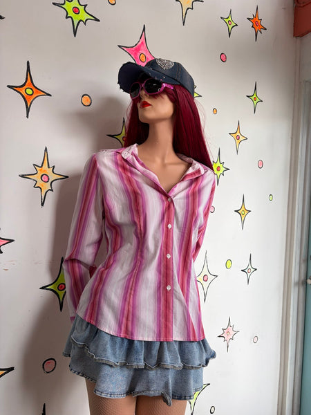 Y2K Pink Pinstripe Button-Up Shirt Office Siren Academia Preppy Glam L