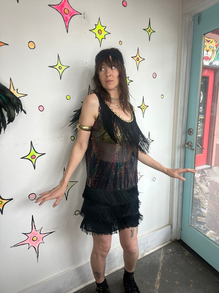 Rainbow Fringe Flapper Dress Metallic 60s GoGo Dancer Party Costume M/L