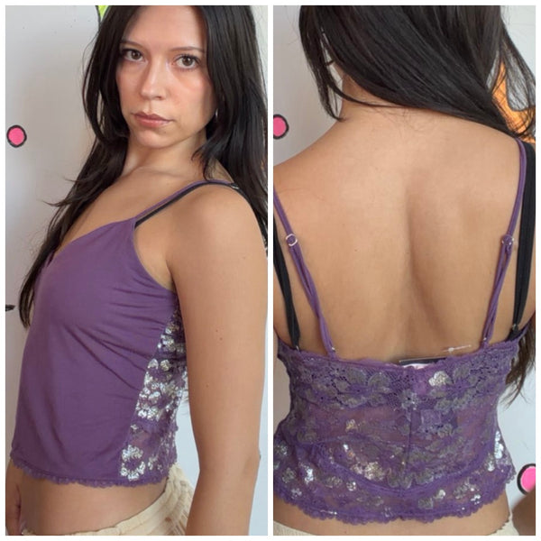 Vintage Y2K Victoria’s Secret Soft Purple Lounge Cami w Metallic Silver Lace S