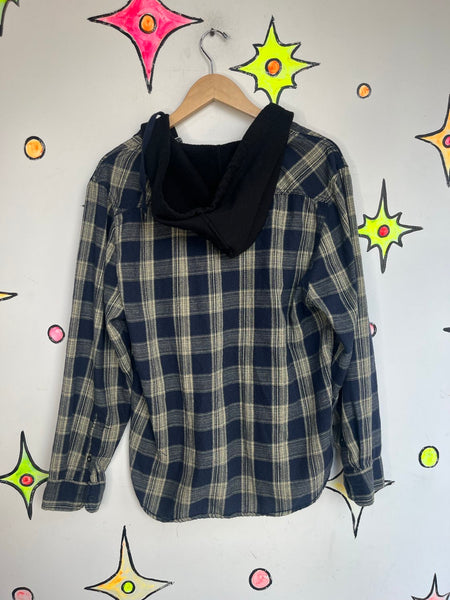 Vintage 90s Navy Blue Plaid Hooded Flannel Shirt Grunge Fairy Academia Size L