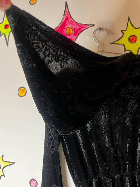 Black Velvet Hooded Goth Mini Dress | Bell Sleeves Witchy Dress | S/M