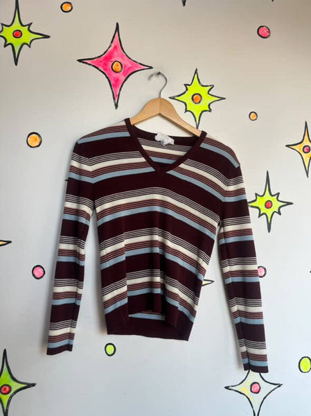 Vintage 70s Groovy Grunge Striped Pullover V-Neck Sweater Bobbie Brooks - S M