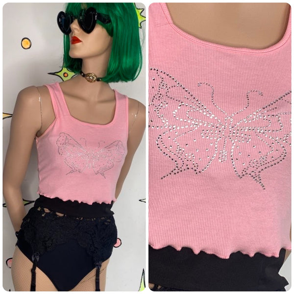 Y2K Pastel Pink Rhinestone Butterfly Top McBling Baby Tee Fairy Grunge S