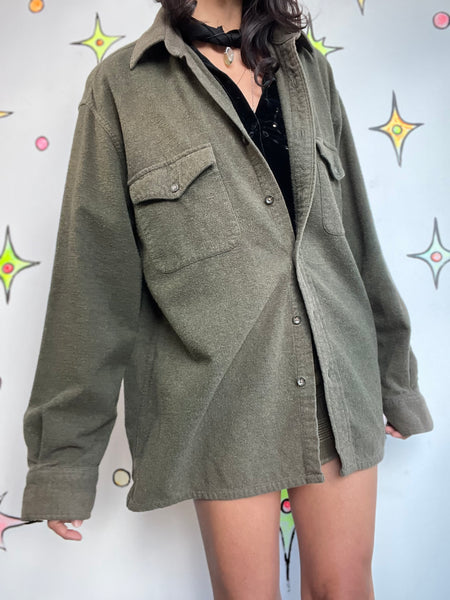 Vintage Military Green Soft Grunge Shirt Jacket Oversized Army Streetwear - M