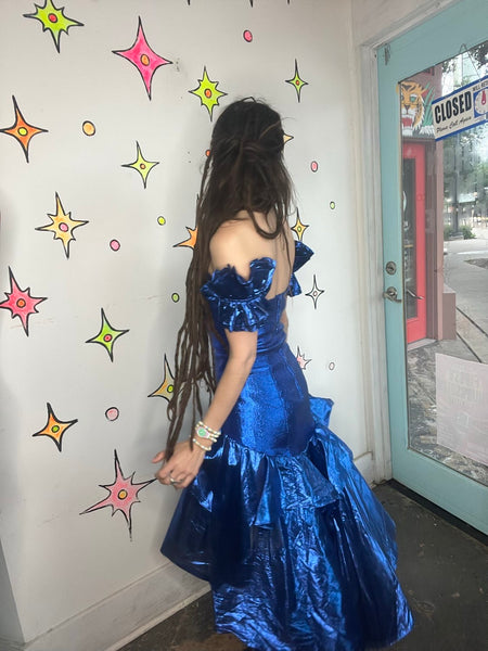 Vintage 80s Blue Metallic Party Dress Glam Poofy Prom New Wave Gown M