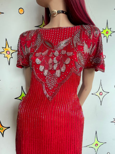 Vintage 80s Heavy Beaded Crimson Silk Party Dress Luxe Glam Old Money L