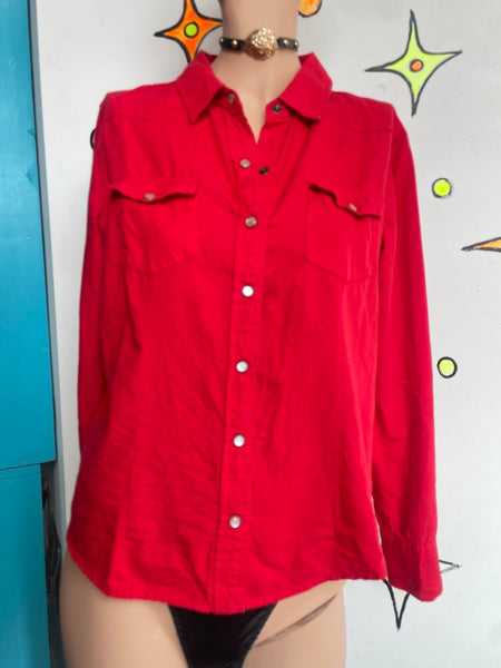 Red Pearl Snap Western Shirt Cowgirl Rodeo Button Up Boho Grunge Cotton Top - L