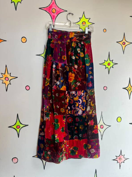 Vintage 60s 70s Boho Velvet Patchwork Maxi Skirt w Belt - Oscar de la Renta – XS