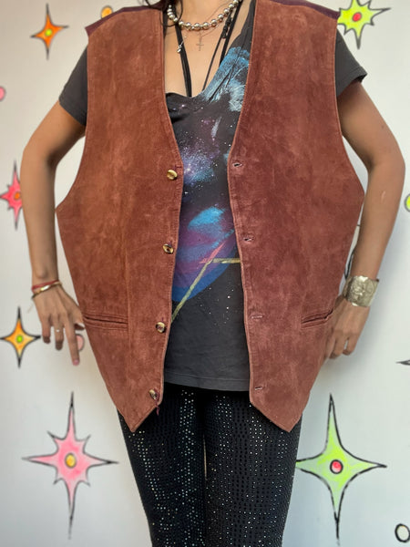 Vintage Brown Suede Leather Oversized Vest – Rocker Grunge Western Boho - XL