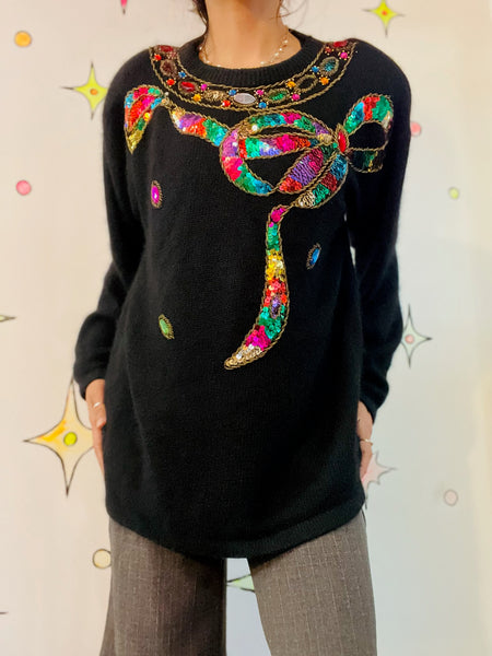 Vintage 80s Rainbow Embellished Christmas Sweater Sequin Beaded Holiday Party L