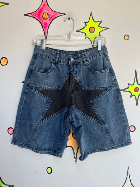 Y2K Denim Jorts with Star Detail - Grunge Emo Streetwear Long Shorts SM