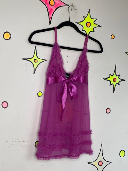 Fuchsia Pink Lace Babydoll Slip Dress Fredericks of Hollywood Y2K L