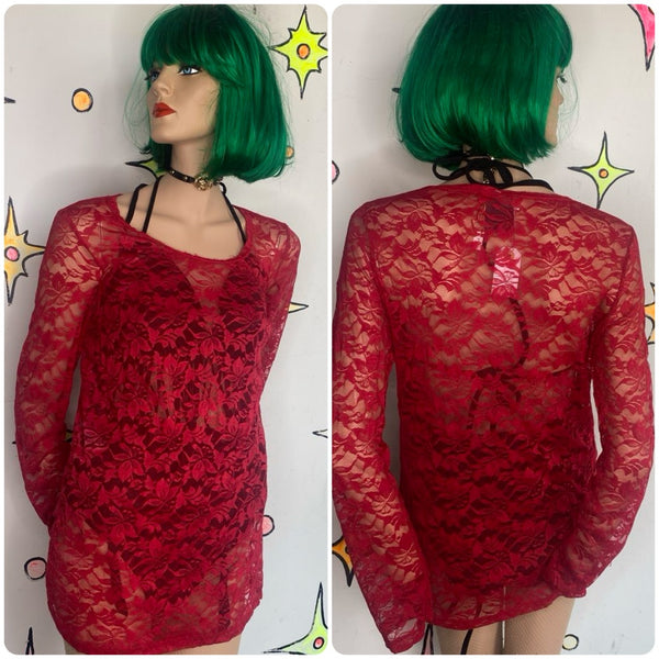 Red Lace Romantic Vampire Top Whimsigoth Sirencore Y2K Fitted Blouse M