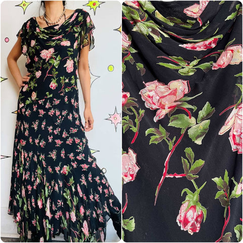 Vintage 90s Y2K Black Whimsy Goth Fairy Grunge Patchwork Floral Maxi Dress - L