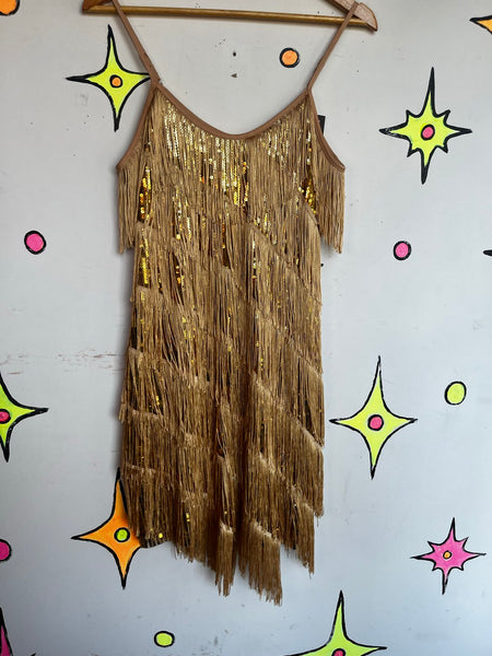 Vintage Gold Fringe Flapper Dress 20s Gatsby Party Mini 60s GoGo Disco Costume M