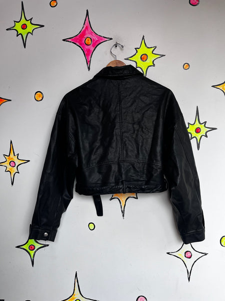 Y2K Black Vegan Moto Leather Jacket – Cropped Goth Grunge Indie Sleaze Glam - S