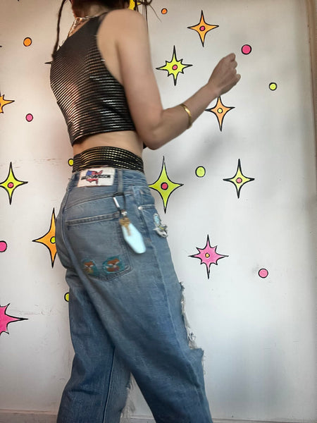 Y2K Handmade Alien Rave Set Metallic Crop Top Micro Shorts Cyber Goth Costume L