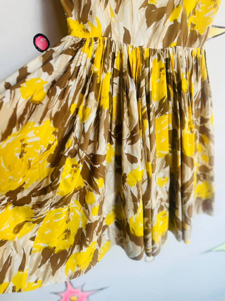 Vintage 1950s Yellow Rose Print Fit & Flare Dress Full Skirt Fairy Grunge | 5/6