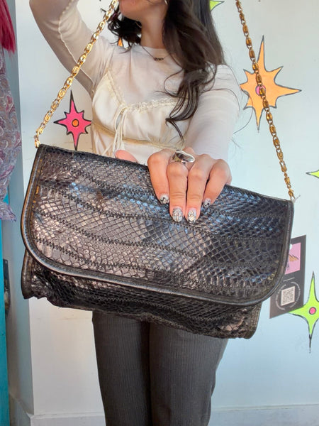 80s Glam Black Snakeskin Shoulder Bag Gold Chain Mob Wife Old Money Purse