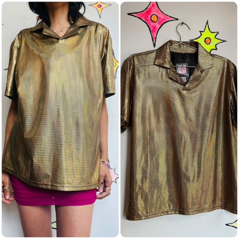 Vintage 90s Metallic Gold Irridescent Party Shirt - Rave Disco Clubwear - M