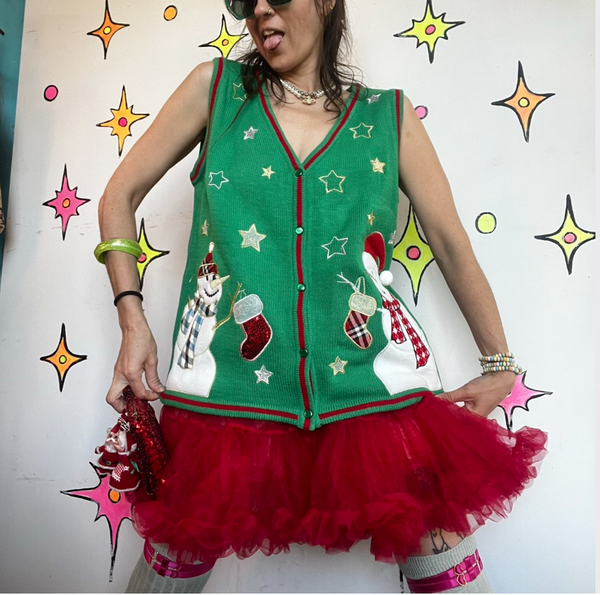 Vintage Ugly Christmas Vest Snowman Tacky X Mas Party Holiday Sweater Vest L