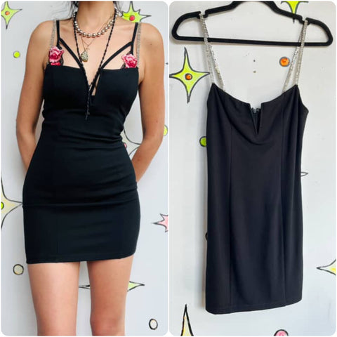 Y2K Glam LBD - Slip Dress with Rhinestone Straps - Glittery Party Baddie Dress