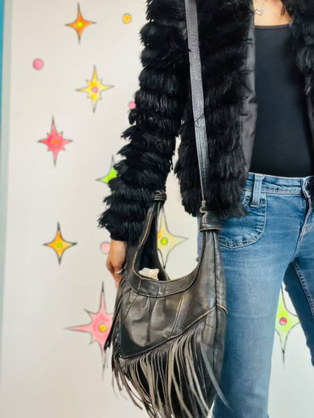 Vintage Black Leather Fringe Crossbody Bag Grunge Rock n Roll Boho Concho Purse