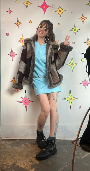 Y2K Penny Lane Faux Fur Patchwork Coat Boho Glam Western Festival Luxe L