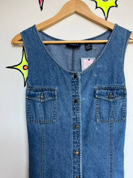 Vintage 90s Denim Button-Up Maxi Dress Liz Claiborne Boho Grunge Sleeveless | XL
