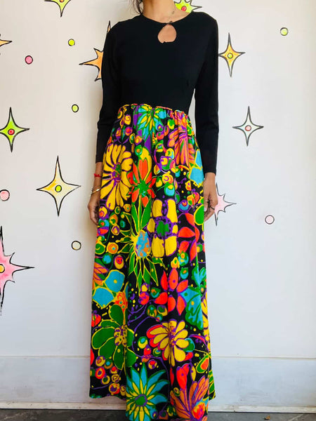 70s Psychedelic Floral Maxi Dress - Rainbow - Boho Fairy Grunge Witch - Small