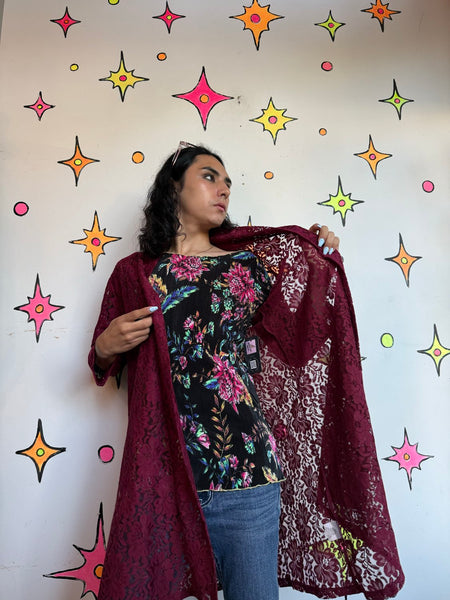 Merlot Lace Duster Romantic Goth Lace Cardigan Kimono Vamp Layering Piece M/L