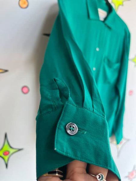 Vintage 80s 90s Emerald Green 100% Silk Blouse | Classic Luxe Shirt | M (8)