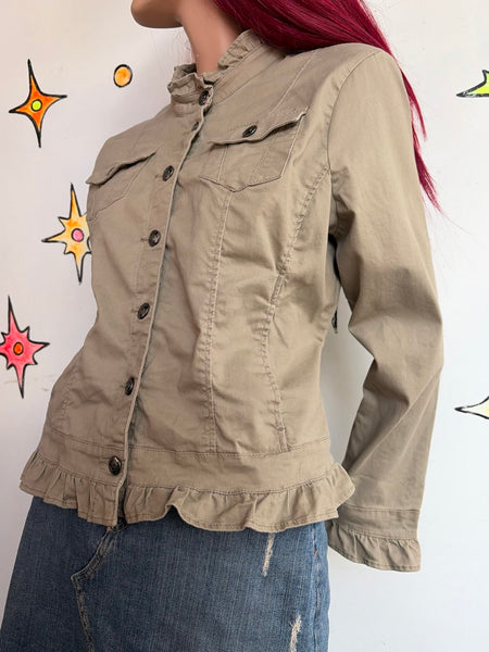Y2K Khaki Military Jacket Soft Grunge Ruffled Utility Blazer Fairy Grunge XL