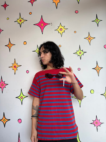 Vintage Mariner Shirt 70s 80s Nautical Striped Tee Red Navy Blue Retro Sailor ML
