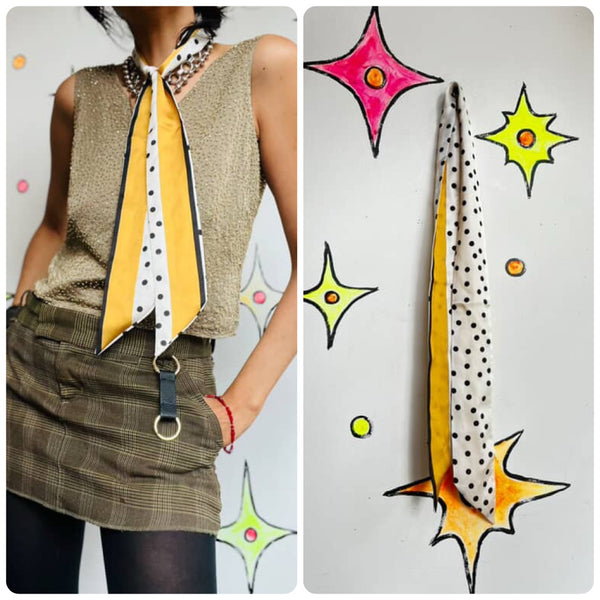 Vintage Black & White with Yellow Polka Dot Long Silk Scarf – Neck Tie Style