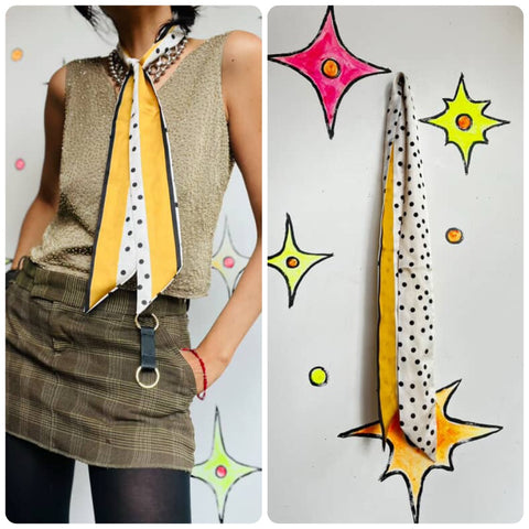 Vintage Black & White with Yellow Polka Dot Long Silk Scarf – Neck Tie Style