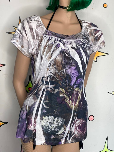 Y2K Purple Fairy Grunge Tattoo Print Top McBling Vintage Suzie Aesthetic M
