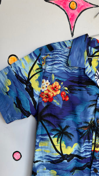 Blue Hawaiian Aloha Shirt Vintage Tiki Party Button Up Tropical Shirt SM