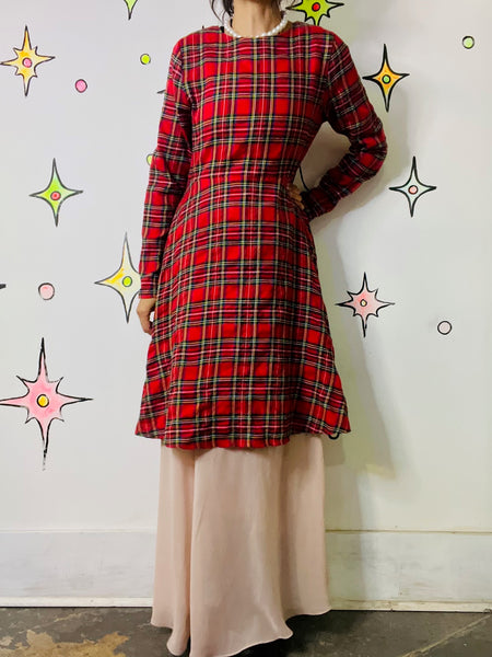 Vintage 90s Red Plaid Tartan Fit & Flare Mini Dress Holiday Party Punk Grunge XL
