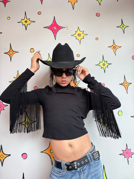 Cowboycore Black Cropped Turtleneck w/ Fringe Goth Western Glam S/M