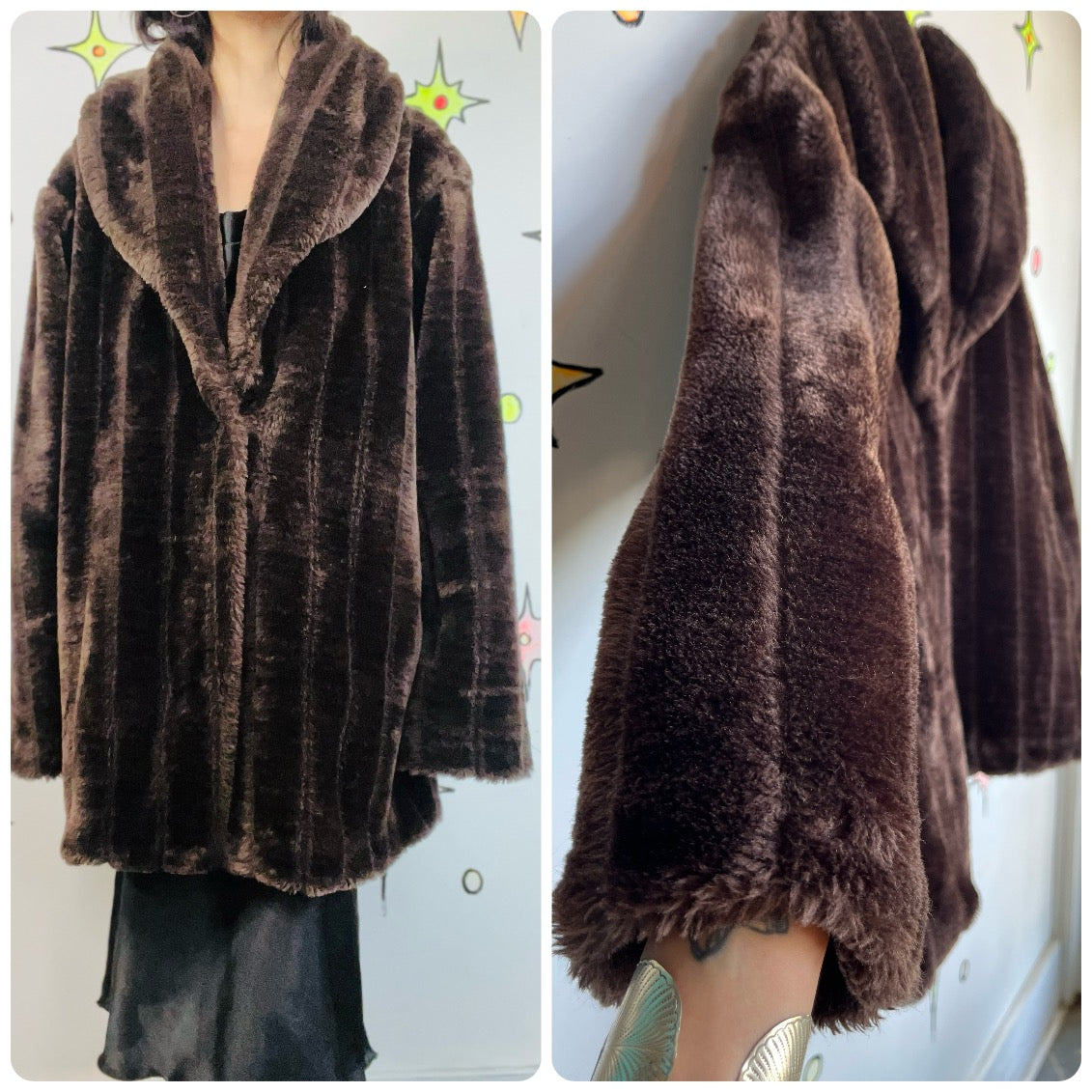 Vintage 70s 80s Y2K Brown Faux Fur Vegan Glam Mob Wife Pinup Boho Grunge Coat X+