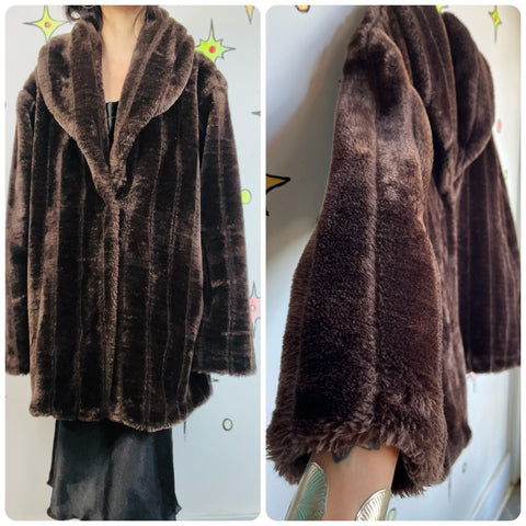 Vintage 70s 80s Y2K Brown Faux Fur Vegan Glam Mob Wife Pinup Boho Grunge Coat X+