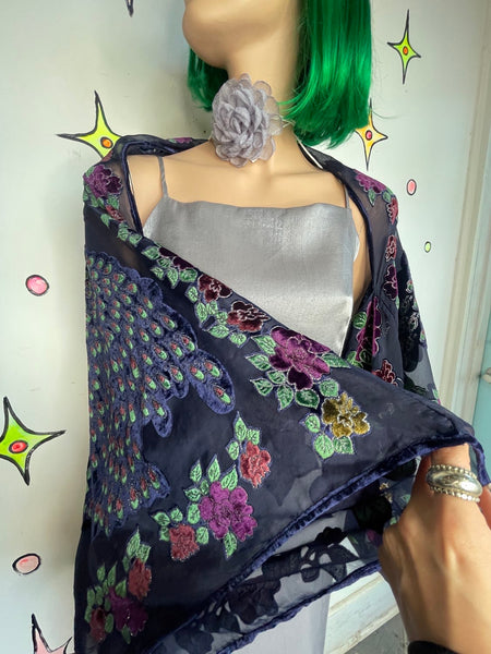 Burnout Velvet Peacock Beaded Shawl Cape Witchy Flapper Whimsy Goth Glam