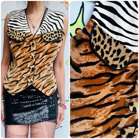 Vintage 70s 80s | Bohemian Faux Fur Animal Print Vest | size S
