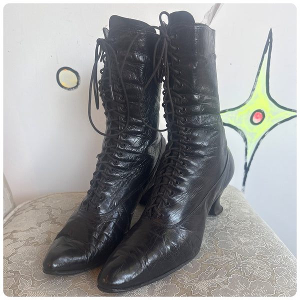 Antique Edwardian Black Leather Boots – Early 1900s Victorian US Size 5.5–6