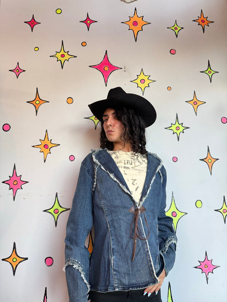 Studded Denim Western Blazer | Frayed Cowgirl Rodeo Jacket Oversized XL