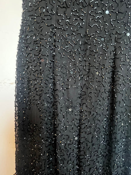 Vintage Black Silk Beaded Gown Glam Old Hollywood Formal Evening Dress M