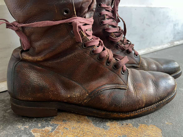 Original WWI Era U.S. Officer's Tall Leather Boots - Vintage Brown Knee-High Men's 12