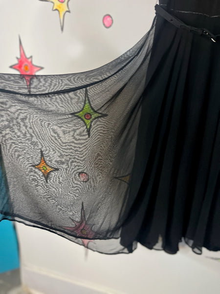 50s Fit & Flare Dress - Witchy Goth Pin-Up - Sheer Neckline - Black Cocktail - S